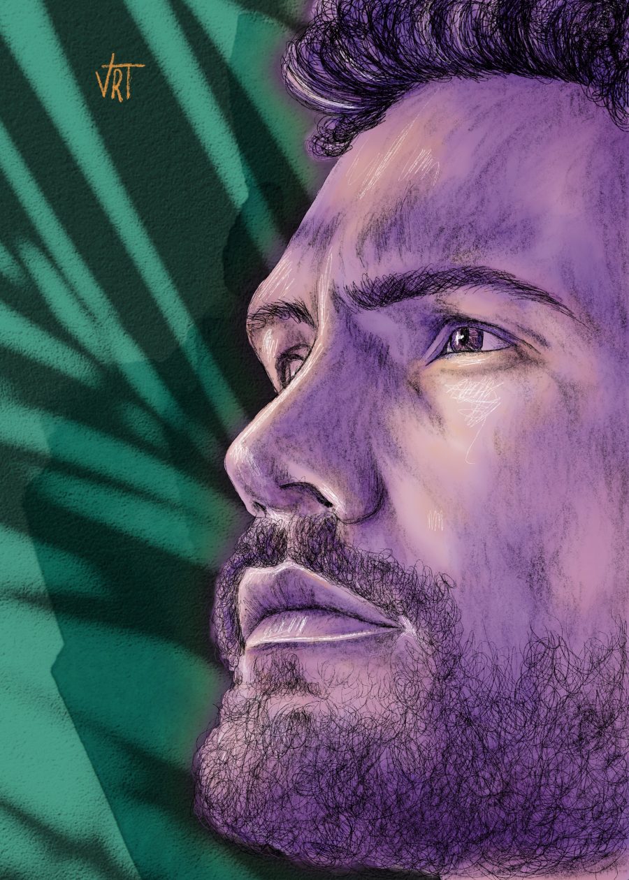 Ilustración artística masculina de perfil en tonos morados y verdes, retrato contemporáneo con estilo expresivo